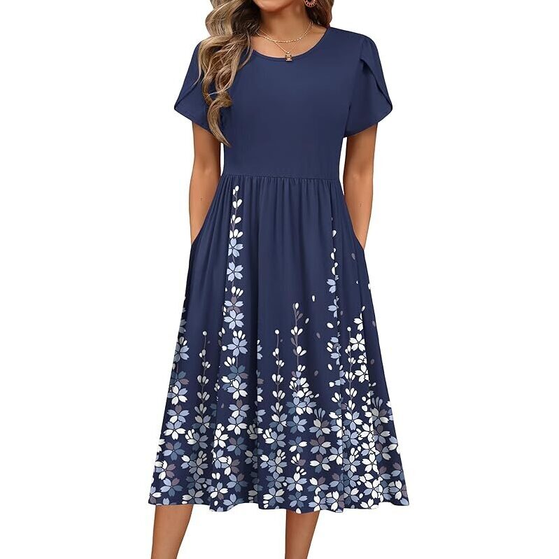 Affordable Summer Midi Dress with Pockets - HOTOUCH Women's Floral A-Line
