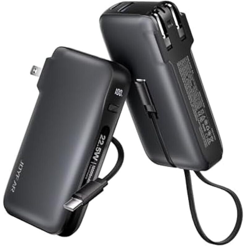 Joyfar 10,000mAh Powerbank with USB-C Cable - Fast Charging, Built-in Cable