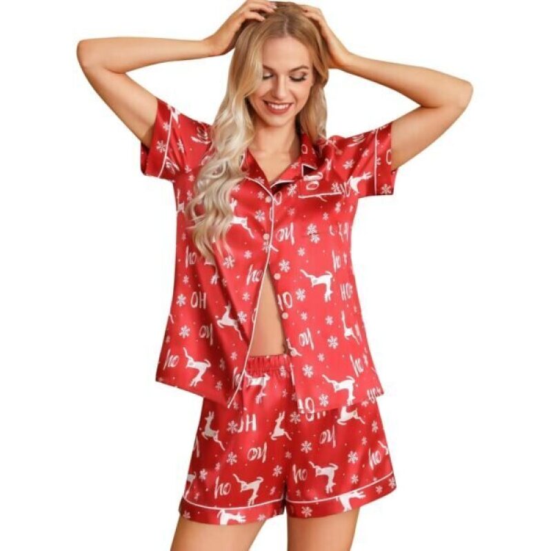 Leikar Silk Christmas Pajamas: Festive Red Elk Design, 50% Off