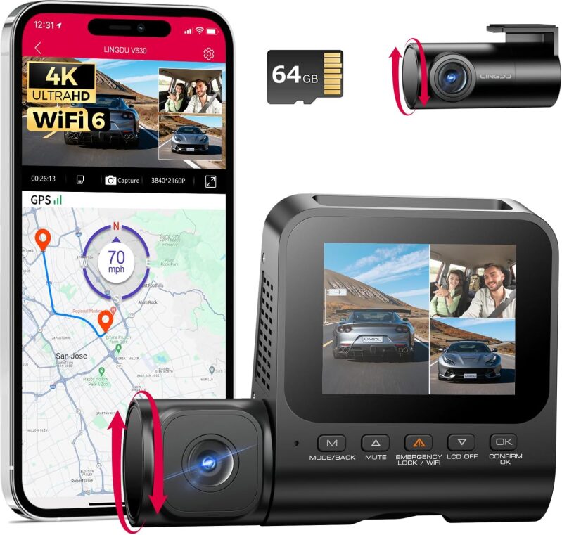 LINGDU V630 3-Channel 4K Dash Cam - Front, Cabin, and Rear Triple Car Camera with 64GB Card