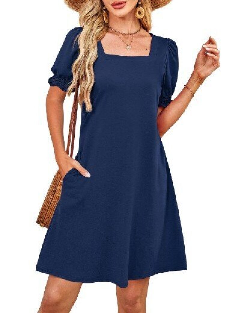 Navy Puff Sleeve Dress - Classic Elegance at Its Best