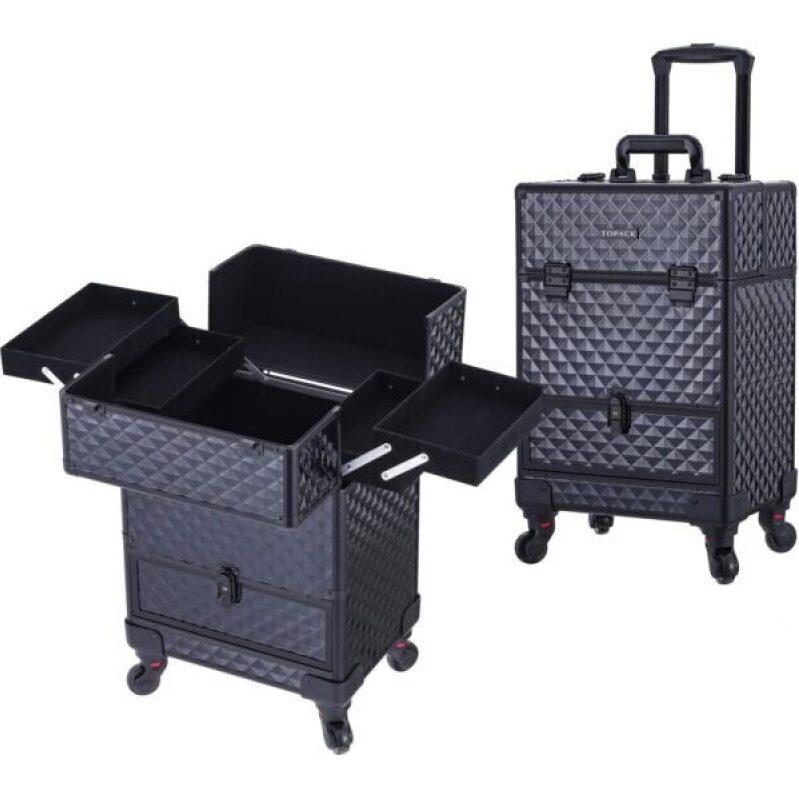 TOPACK Rolling Makeup Train Case: 360° Rotating Wheel Aluminum Cosmetic Case