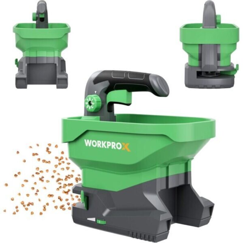 Efficient WORKPROX Battery Fertilizer Spreader - Versatile, Compact, and Powerful