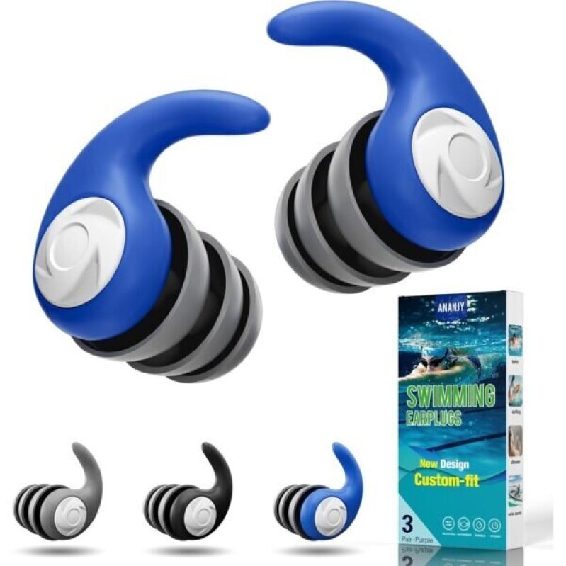 Waterproof Swimming Ear Plugs for Adults - 3 Pairs of Reusable Soft Silicone Swim Earplugs