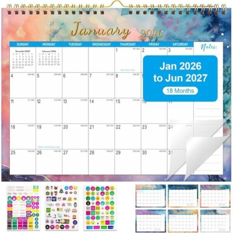 2026 Wall Calendar - 18 Months, 50% Off, Includes Stickers