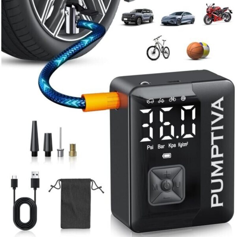 Pumptiva Tire Inflator: Portable Air Compressor, 3X Faster, LED Light, Auto Shut-Off for Car, Motorcycle, Bicycle, Ball