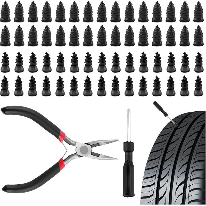 Figpade 60pc Screw in Tire Plugs with Pliers & Screwdrivers - Ultimate Tire Repair Kit