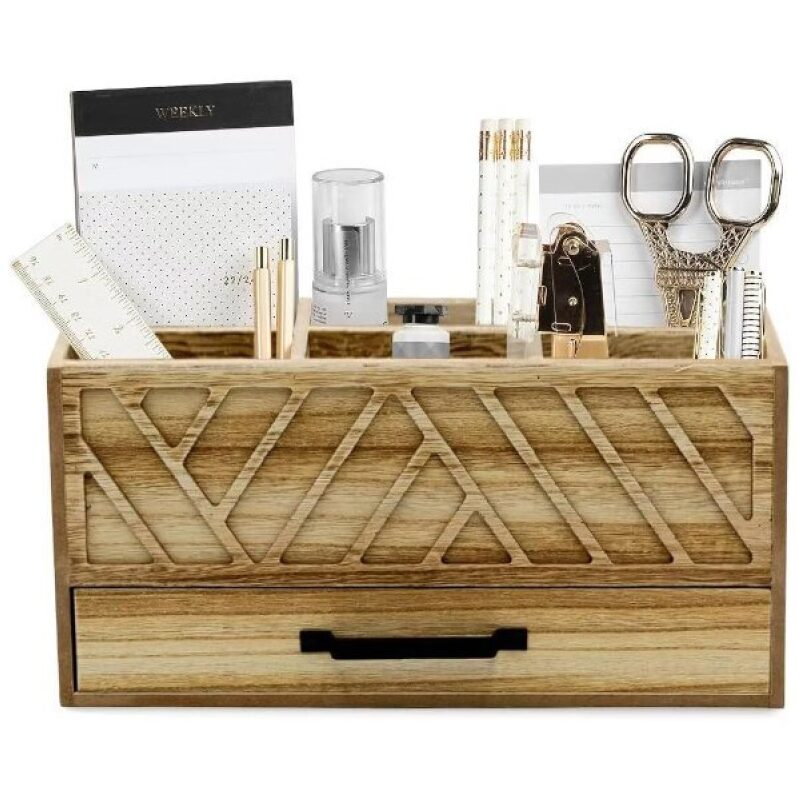 Natural Wood Desktop Pen Organizer with Drawer - Blu Monaco