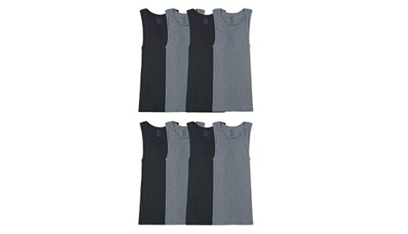 Fruit of The Loom Men’s Lightweight Active Cotton Blend Undershirts, Tank – 8 Pack – Black/Grey, Medium