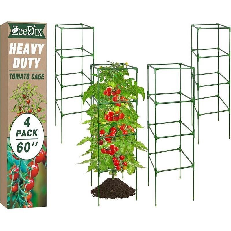 4-Pack 60-inch Tomato Cages with 40 Clips - Expandable Garden Support