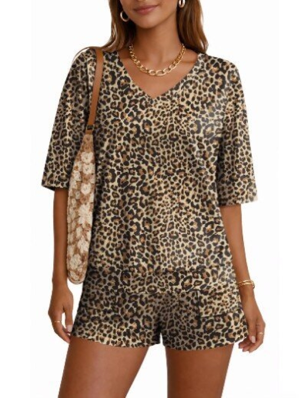 Ekouaer Women's Casual Leopard Print Short-Sleeve Romper