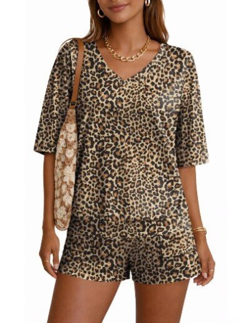 Ekouaer Women's Casual Leopard Print Short-Sleeve Romper