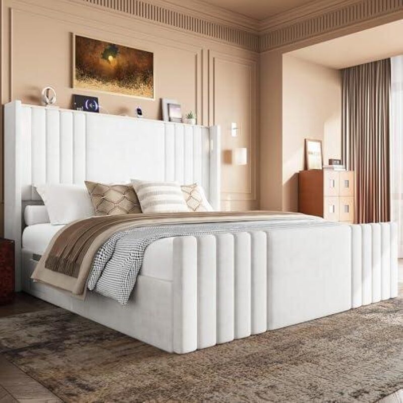 Elegant High-Back Storage Bed Frame with Reading Light & Charging Port - 40% Discount
