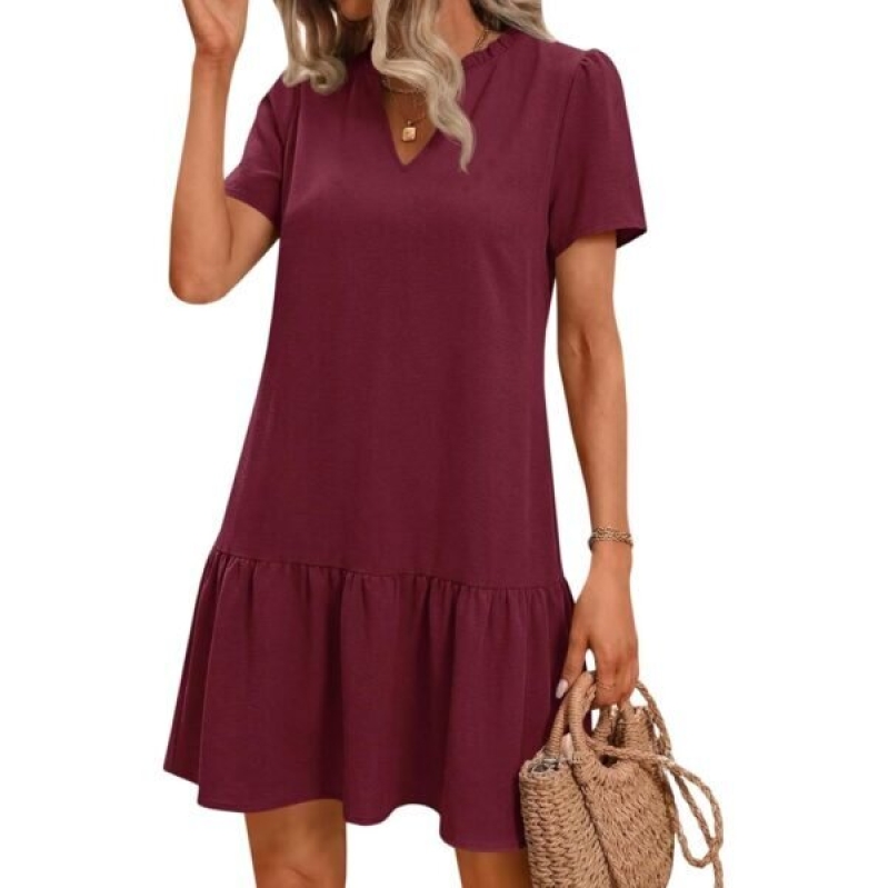 Wenrine Burgundy V Neck Summer Dress - 30% Off
