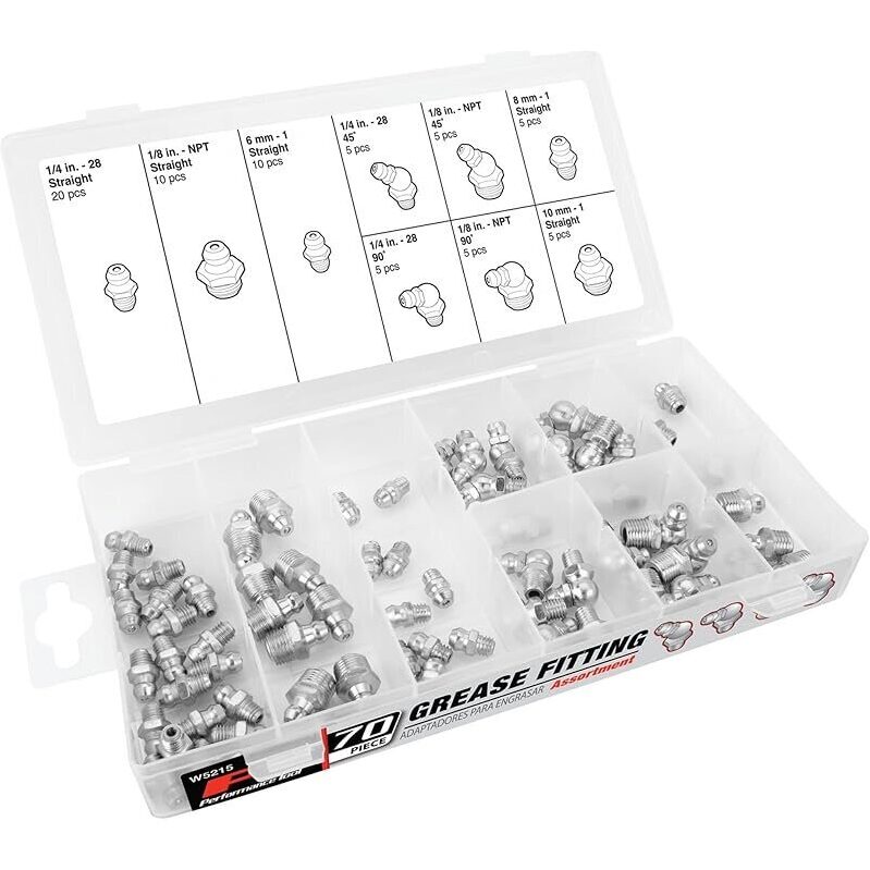 70-Piece SAE/MET Grease Fitting Assortment - Ideal for Auto Repairs