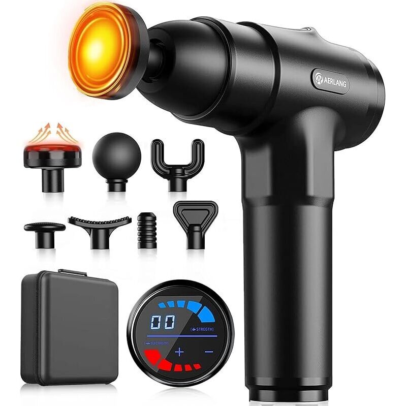 Aerlang 1400-3200rpm 12mm Amplitude Massage Gun w/Heat, 7 Heads