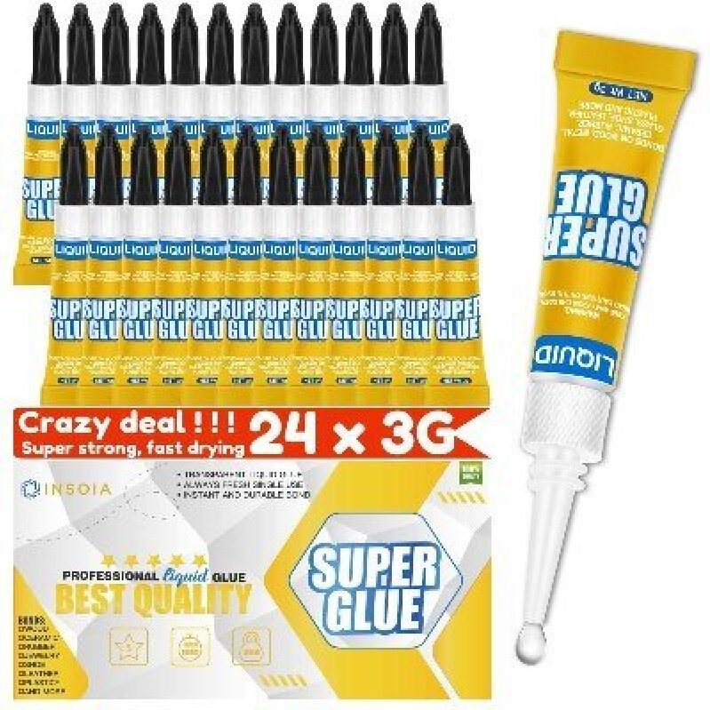 24-Pack INSOIA Super Glue - 3g Each - Fast Drying, Strong, Professional Quality