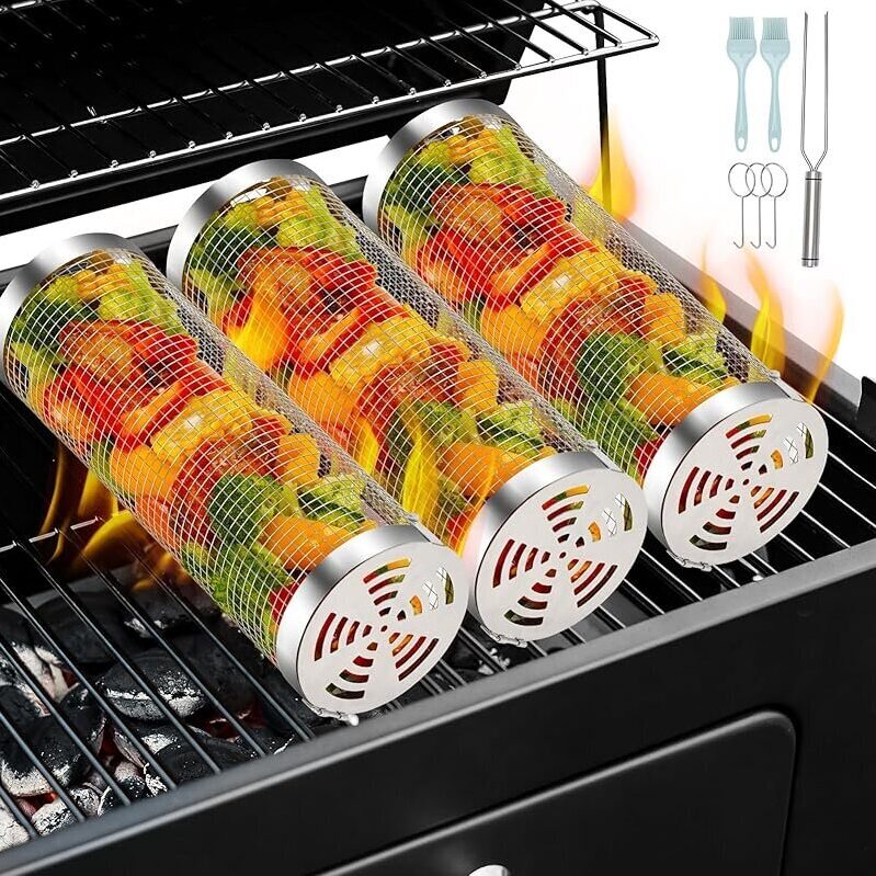 3-Pack ZORMY Rolling Grill Baskets for Outdoor Cooking
