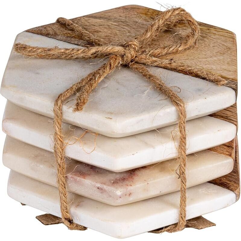 Elegant Marble & Mango Wood Hexagon Coasters Set of 4