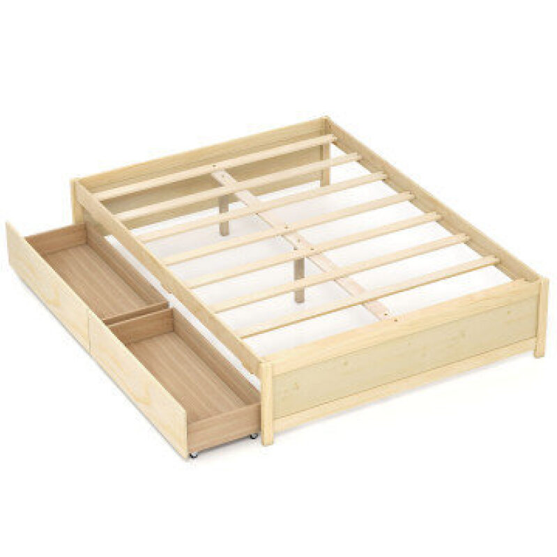 Full Size Wooden Bed Frame with 2 Rolling Storage Drawers - Smart Storage Solution