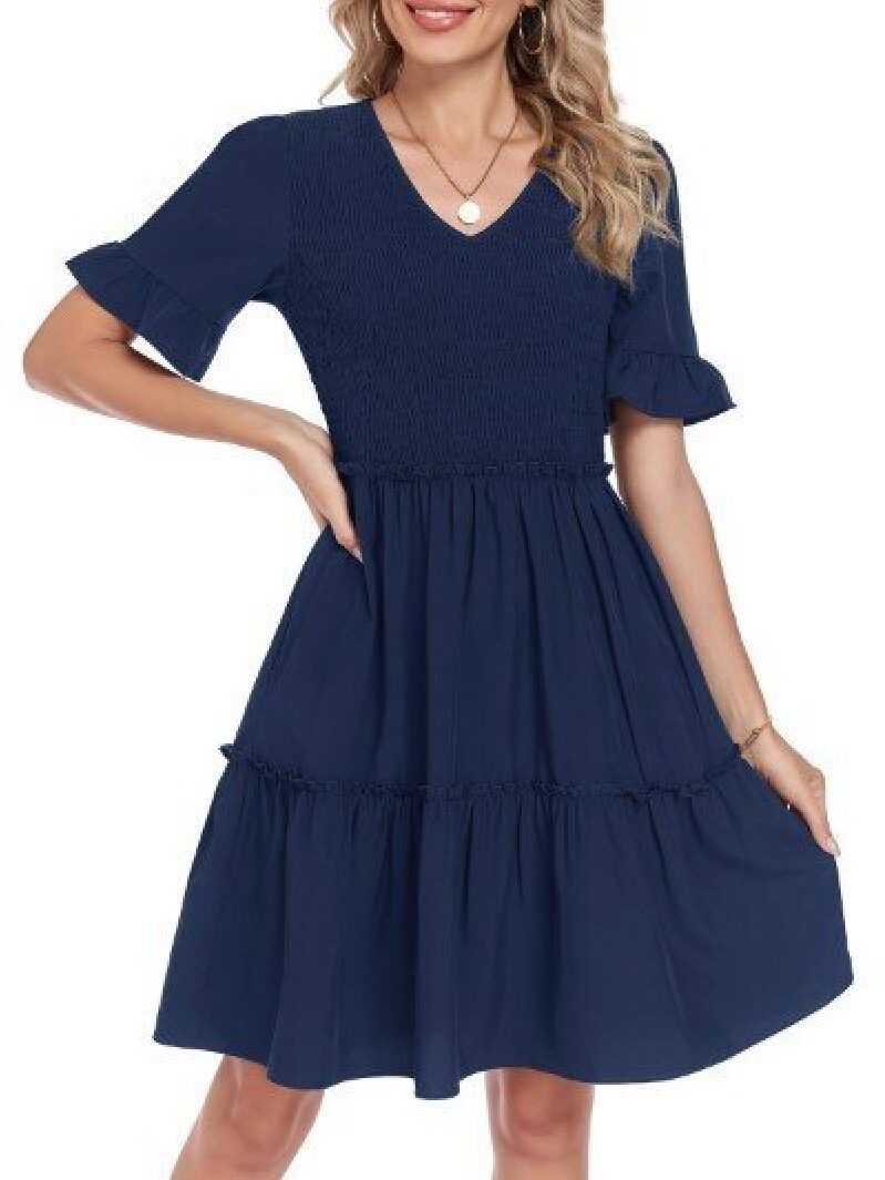 Navy Blue Ruffled Sleeves Dress - Perfect for Casual Outings