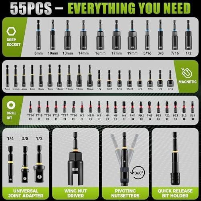Magnetic Socket Bit Set for Impact Drivers - 55Pcs