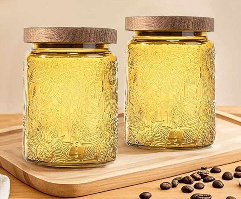 Elegant Embossed Glass Bamboo Lid Storage Jars Set of 2