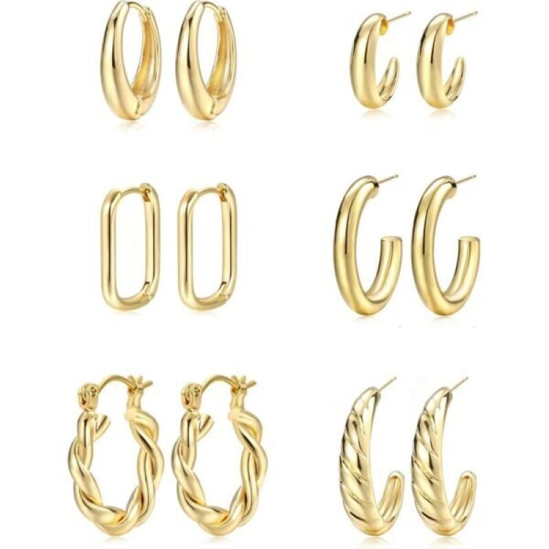 6 Pair Gold-Plated Hoop Earrings - Elegant, Hypoallergenic, Premium Quality
