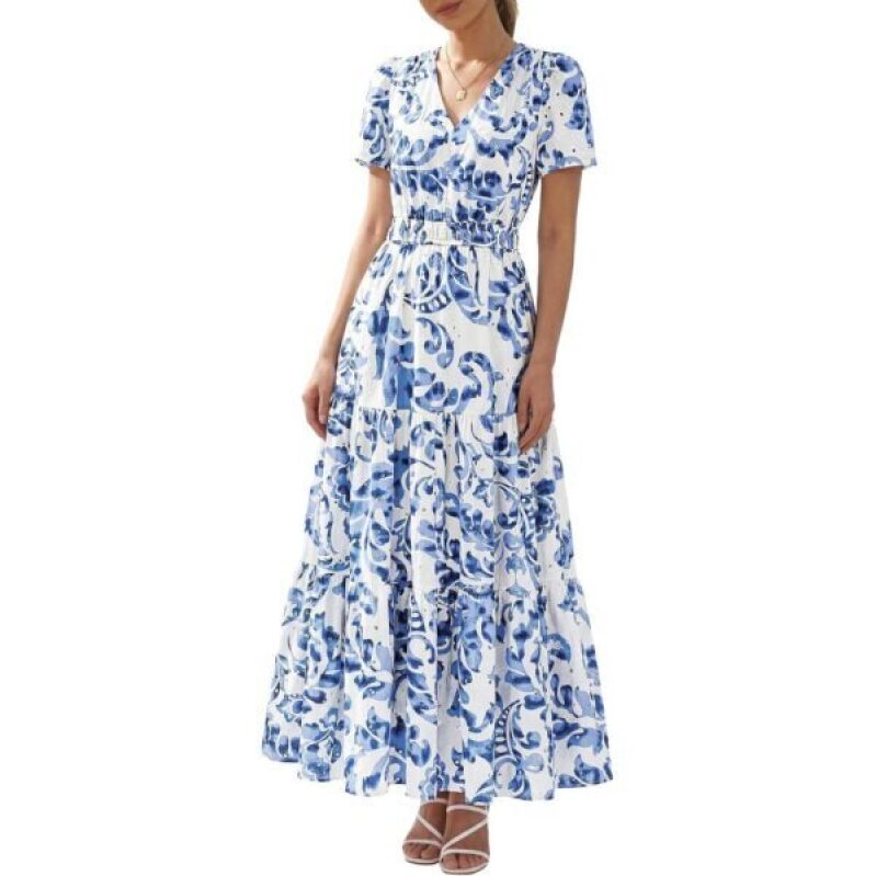 BTFBN Women's Summer Bohemian Dress - V-Neck, Floral, A-Line, Beach Resort Wedding Guest Dress
