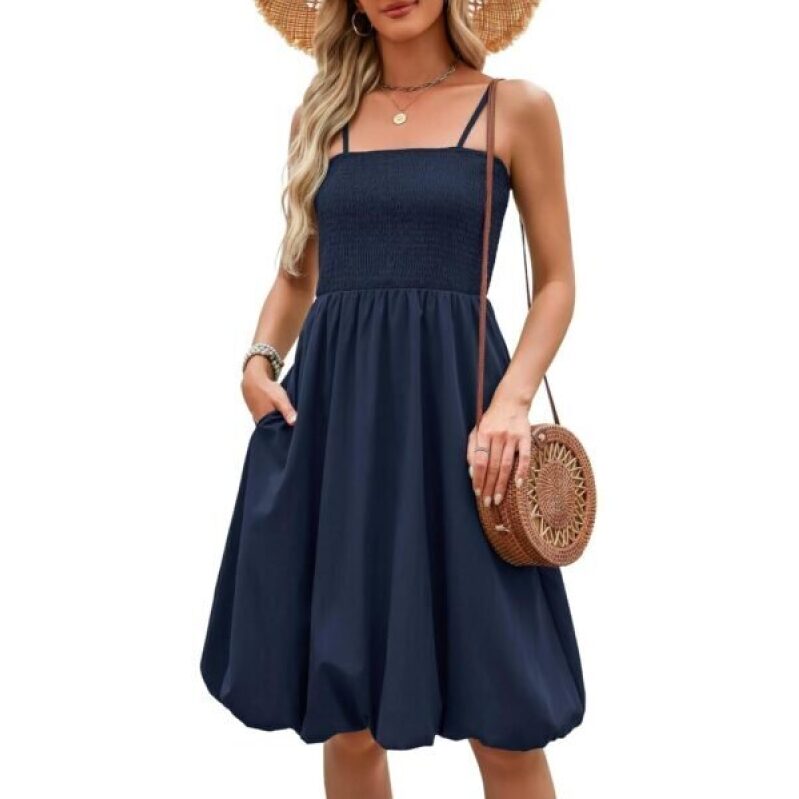 Navy Blue Sleeveless Pleated Strap Dress - Ideal for Summer