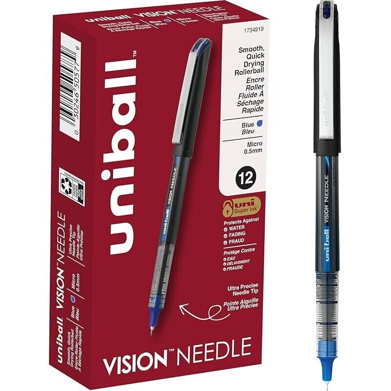 12Pk Uni-Ball Vision Needle Rollerball Pens, 0.5mm, Blue - Precision Writing Tools