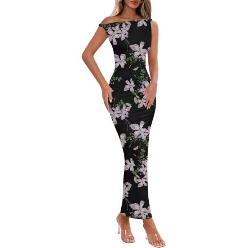 Elegant Floral Print Off-Shoulder Cocktail Dress for Summer Weddings - 50% Off