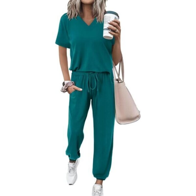 V-Neck Casual Two-Piece Set - Green, X-Large