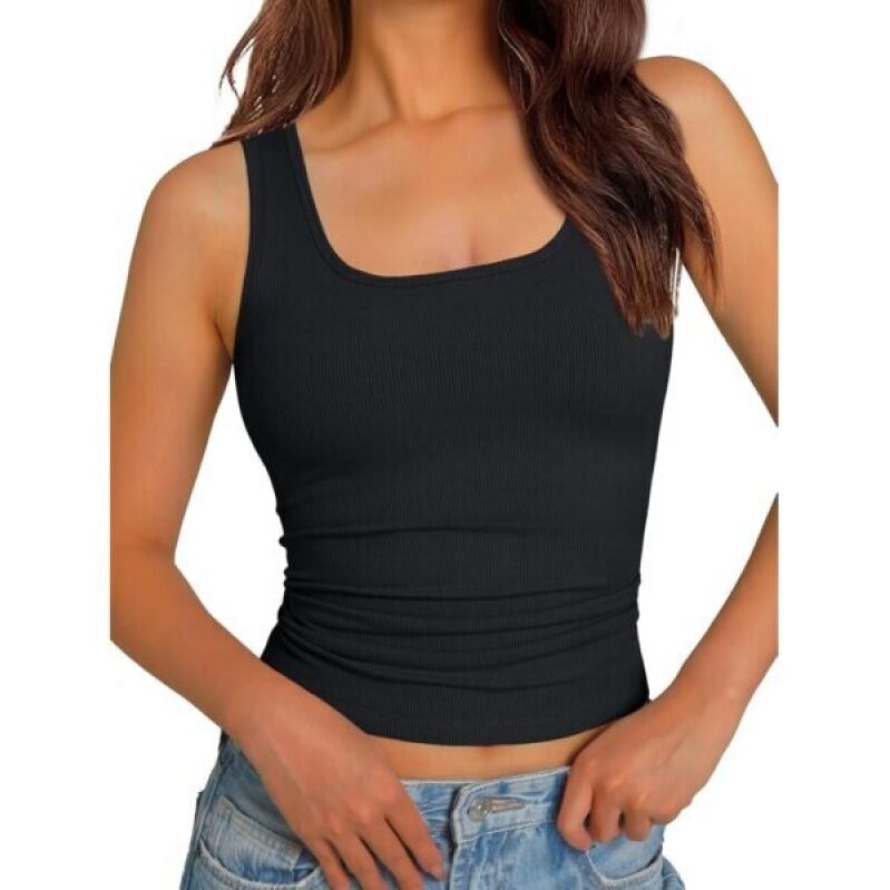 GBKB Women's Built-in Bra Vest, Sleeveless Ribbed Knit Top, Slimming Basic Tee - Black XL
