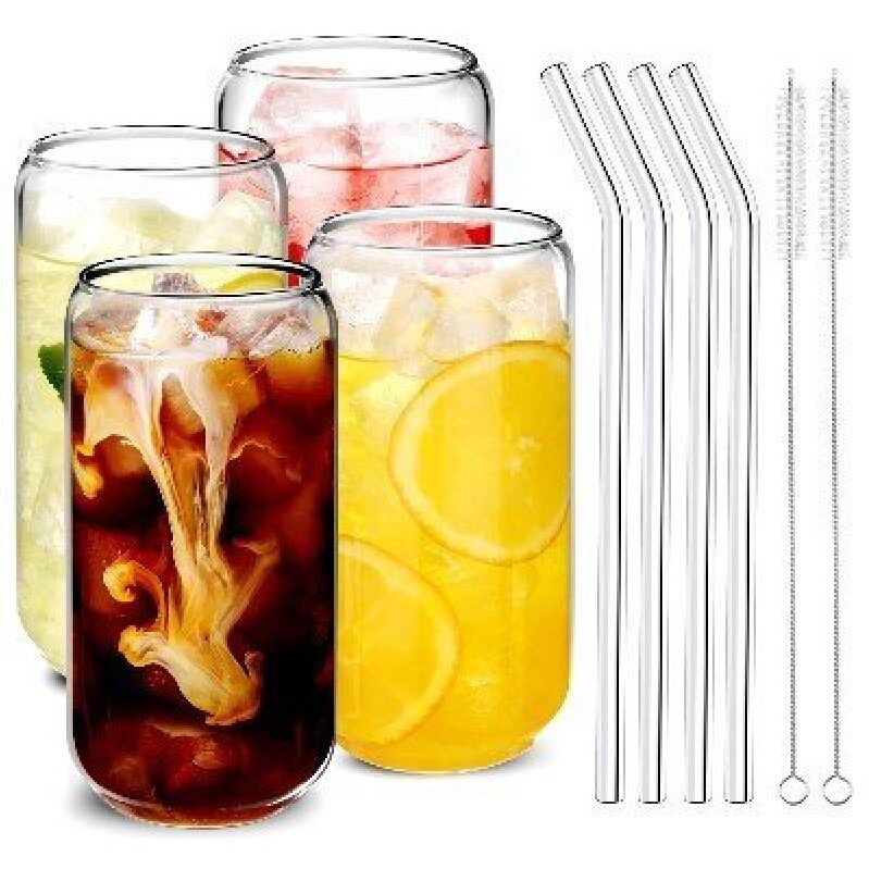 4-Piece Glass Straw Cup Set with Stainless Steel Straws