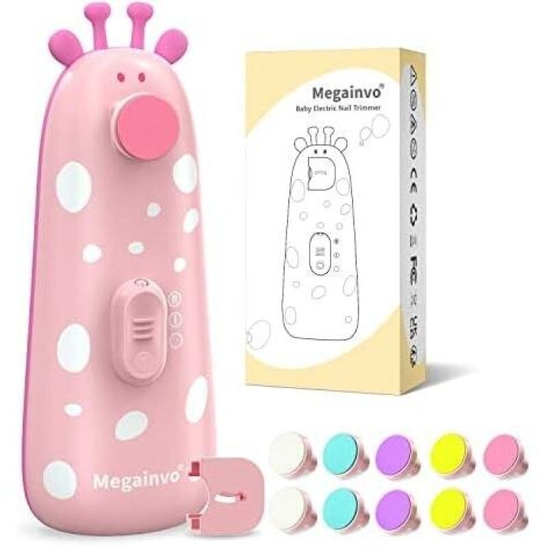 Megainvo Baby Electric Nail Trimmer with Light, 10 Heads, Quiet Operation, Pink