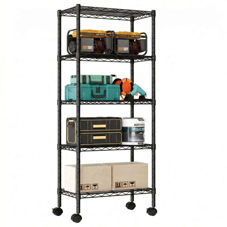5 Tier Heavy Duty Adjustable Wire Shelving with Wheels