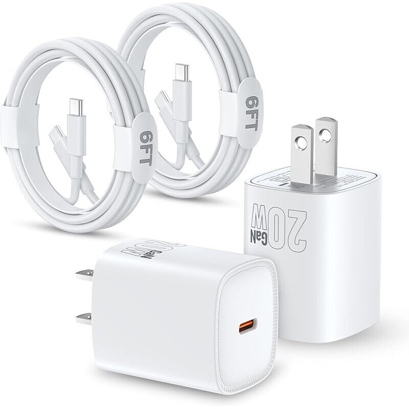 Dual 20W PD Fast Charging USB C Charger Blocks with 6ft Cables - Efficient Charging Solution