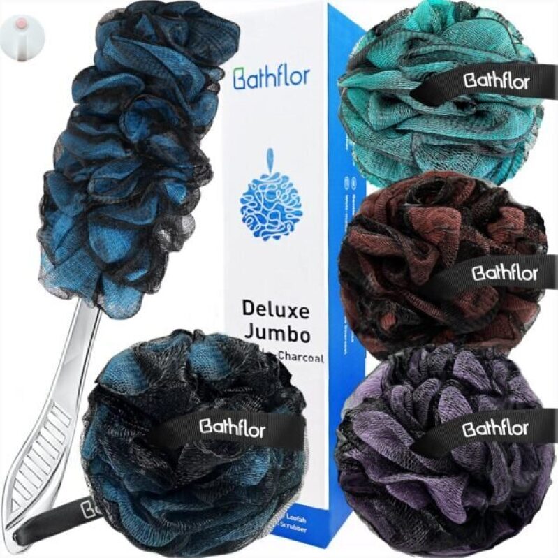 Bathflor Deluxe Jumbo Charcoal Loofah Scrubber Set - 50% Off