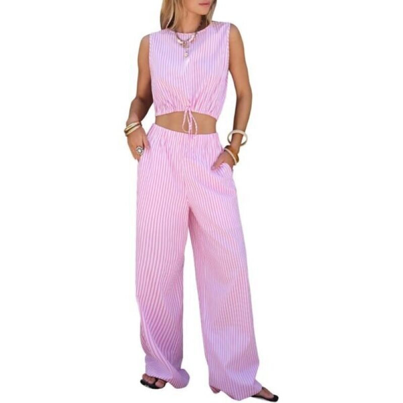 EXLURA Womens 100% Cotton 2 Piece Outfits - Stylish Striped Crop Top and Wide Leg Pants