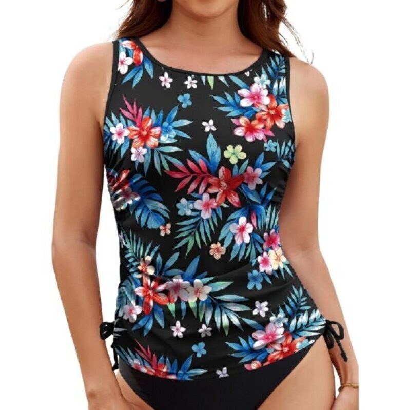 High Neck Tankini Swimsuit - Tropical Floral Print, Size L, 58% Off