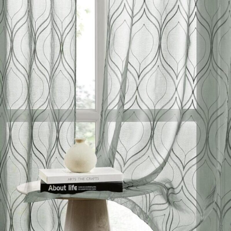 Sage Green Sheer Curtains, 52 x 84 Inches Long Moroccan Embroidered Pattern Rod Pocket Curtains