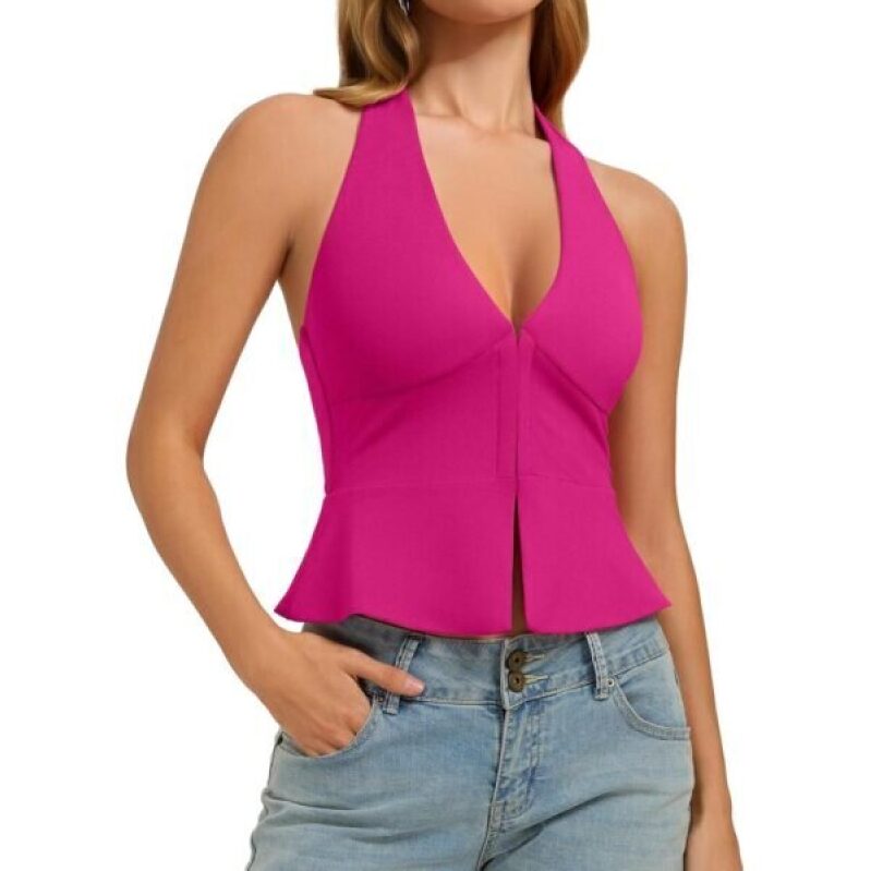 Stylish Rose Pink Halter Front Open Crop Tank Top - 50% Off
