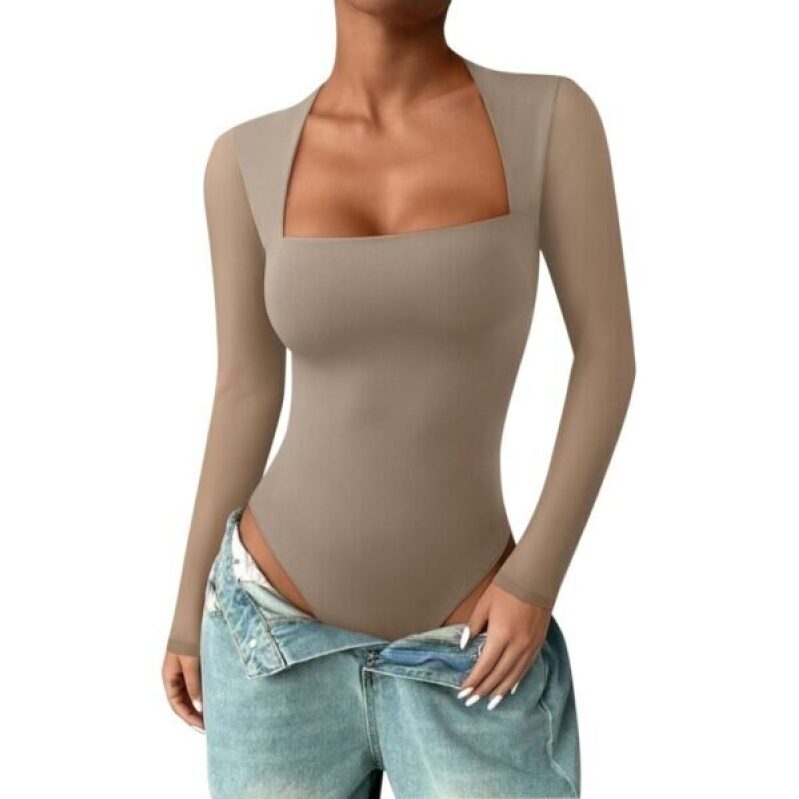 Elegant Square Neck Mesh Long Sleeve Bodysuit - Perfect for Date Nights