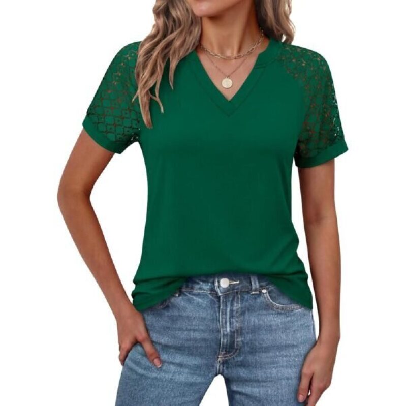 ANRABESS Women's Short Sleeve V Neck Shirts Lace Casual Blouse - Dark Green
