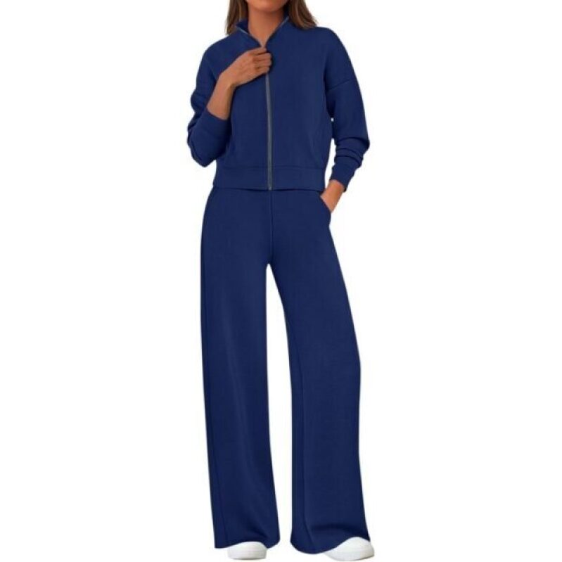 PRETTYGARDEN Navy Blue Zip-Up Sweatshirt and Wide Leg Sweatpants Set - 50% Off