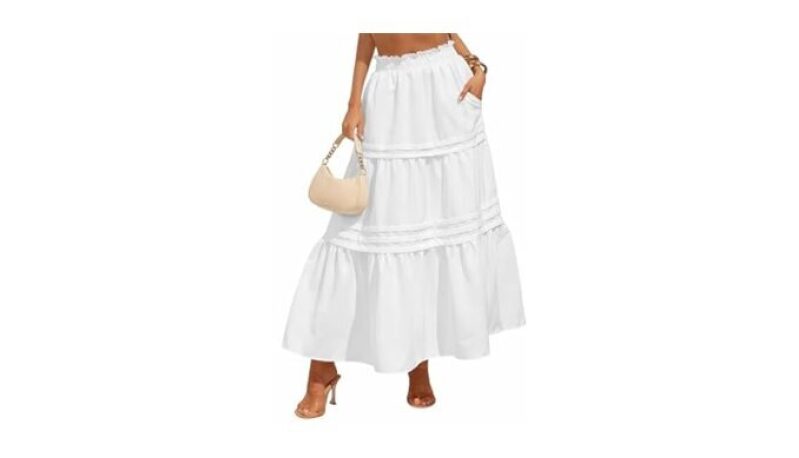 Women’s High Waist Tiered Maxi Skirt with Pocket - Flowy A-Line Boho Chic
