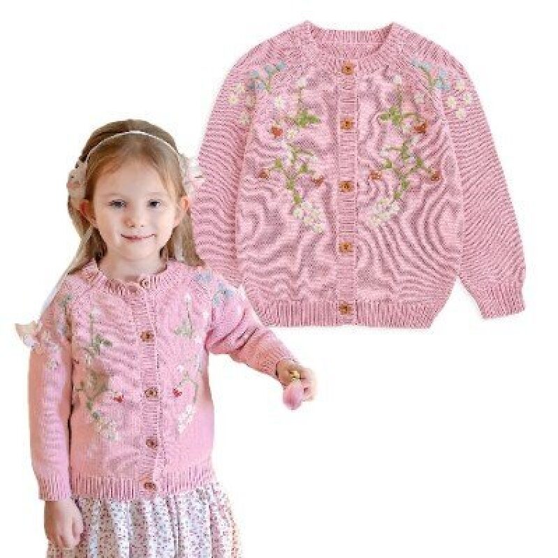 Strawberry Embroidered Cardigan for Girls - Pink, Floral Design