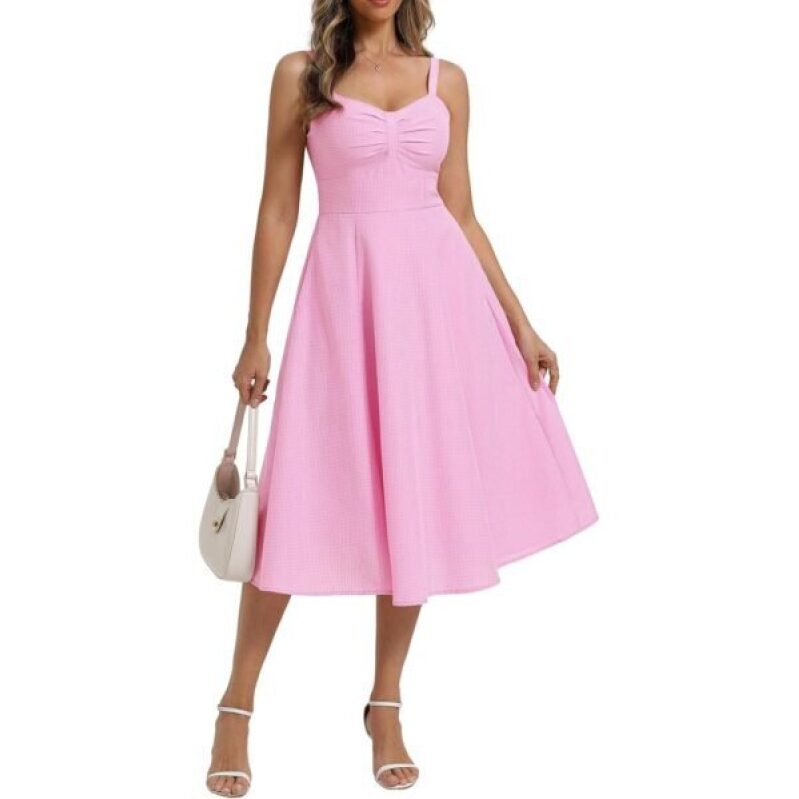 Vintage Pink Gingham Dress for Women - Sweetheart Neckline Midi Summer Dress