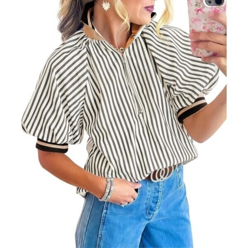 BKBEY Womens V Neck Short Puff Sleeve Shirts Striped Loose Contrast Collared Blouse Black -85% OFF